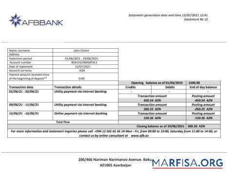 Blank Azerbaijan Afbbank bank statement word download for verification